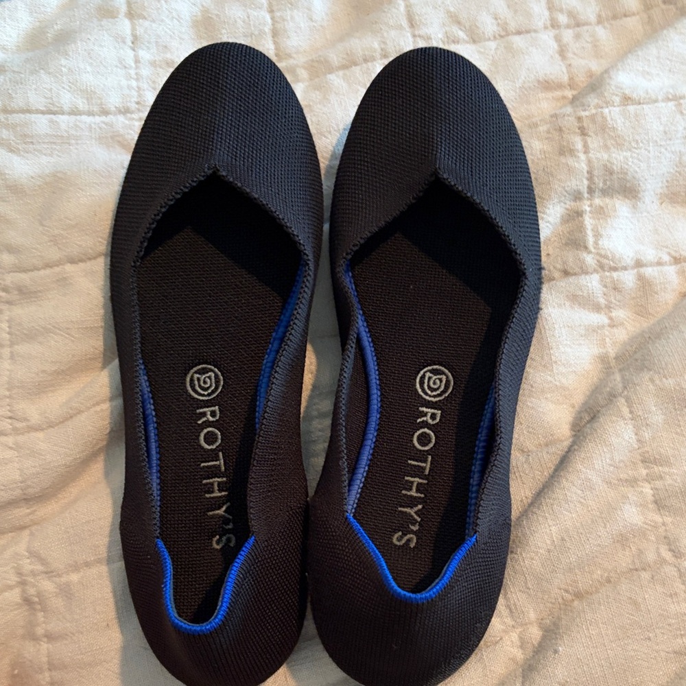 Rothy's Black Knit Flats with Blue Trim
